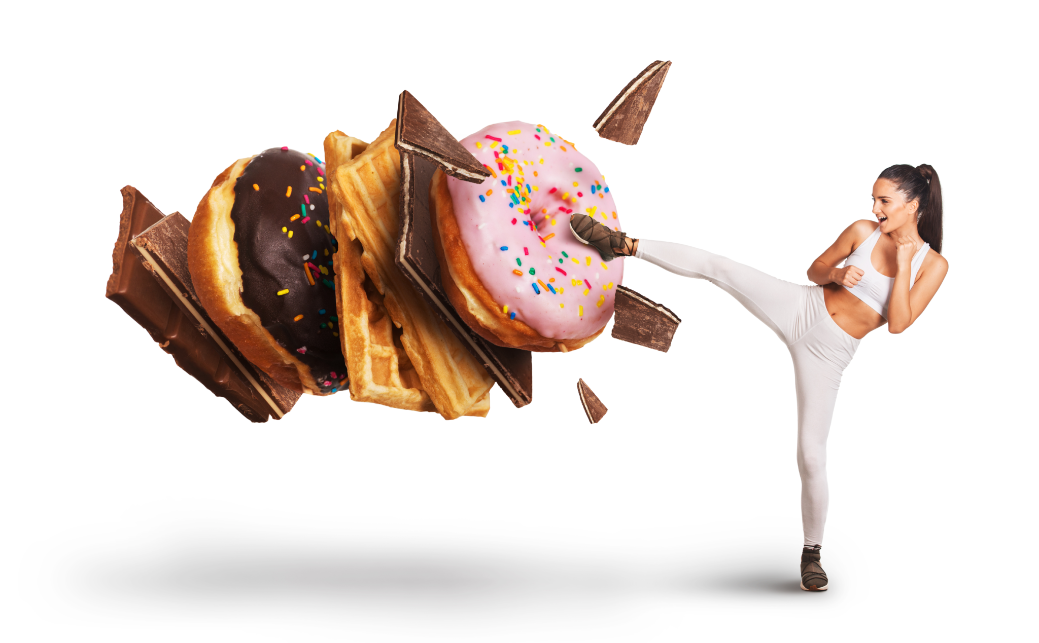 young woman kicking doughnuts and the habit of being a sugar addict