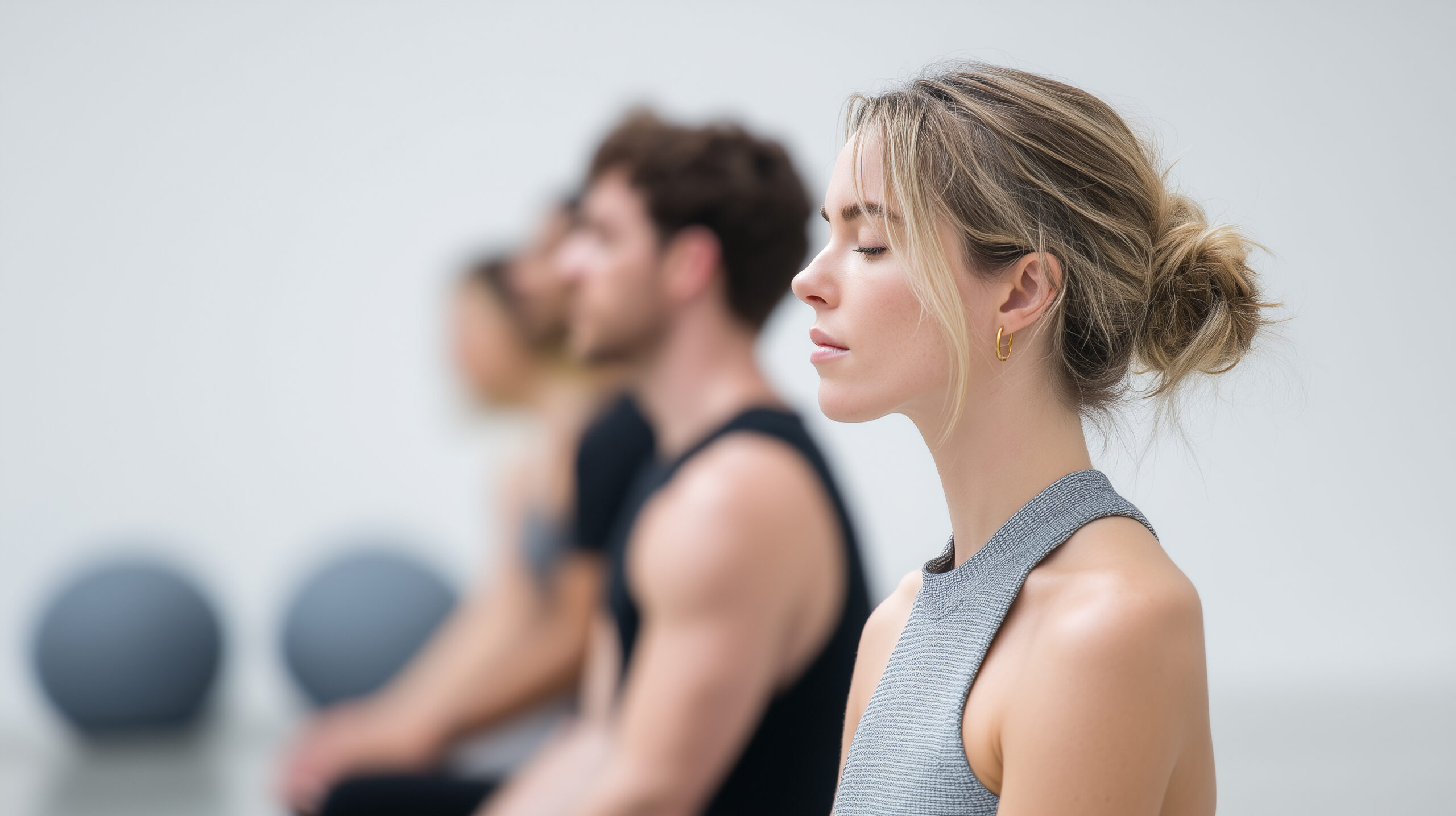 Woman practicing mindfulness in a group meditation class.