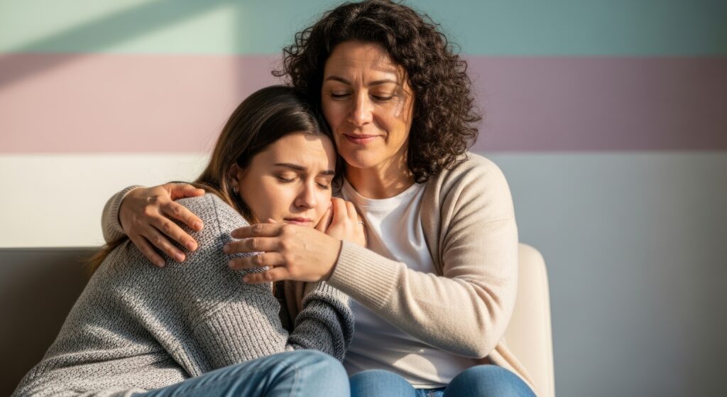 Mother comforting daughter during recovery.