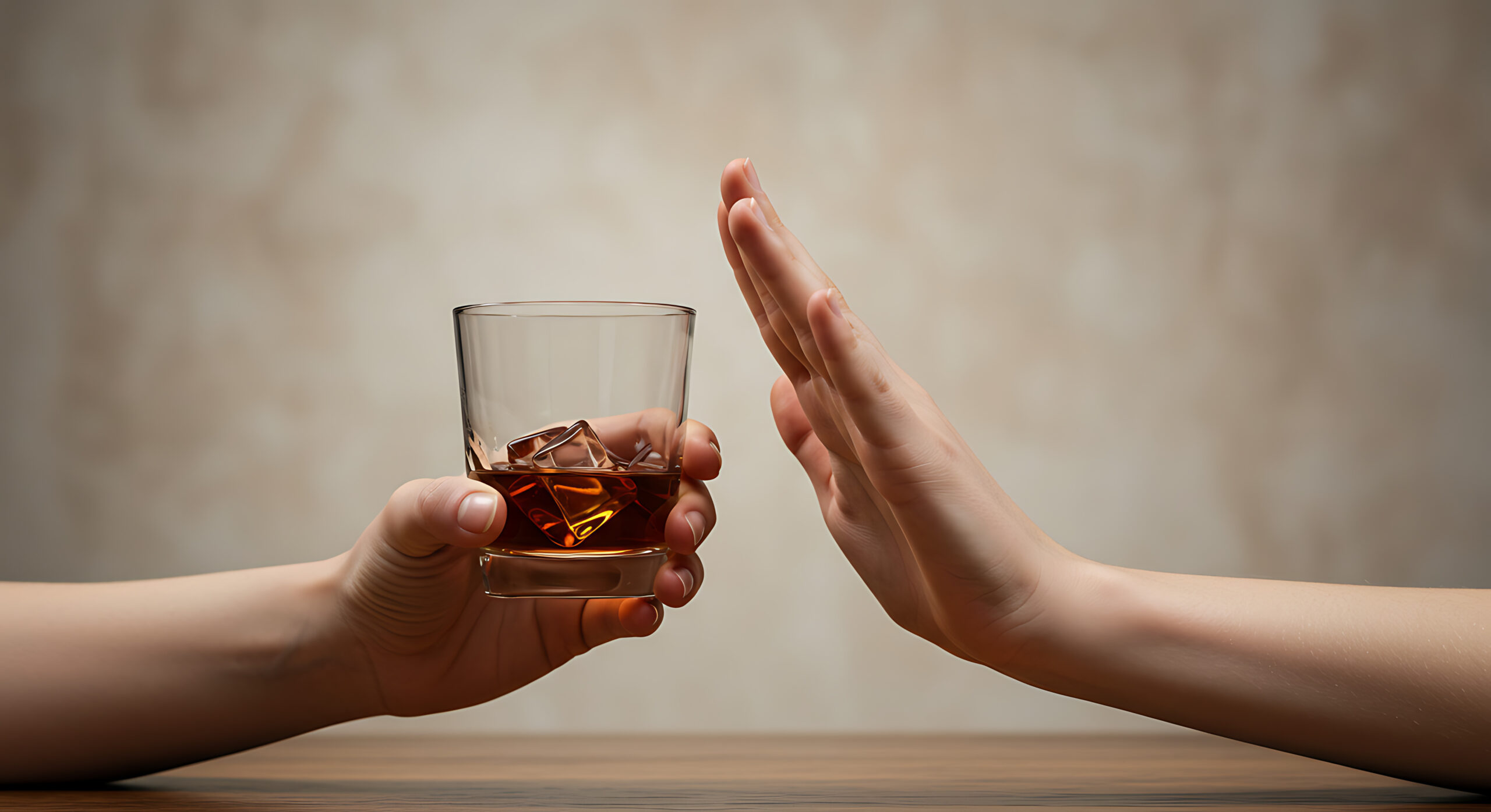 Hand refusing glass of alcohol.