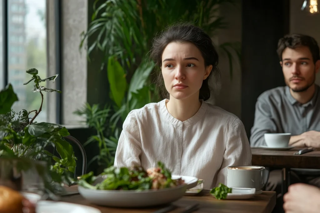 Woman sitting at a table with an untouched plate while others eat