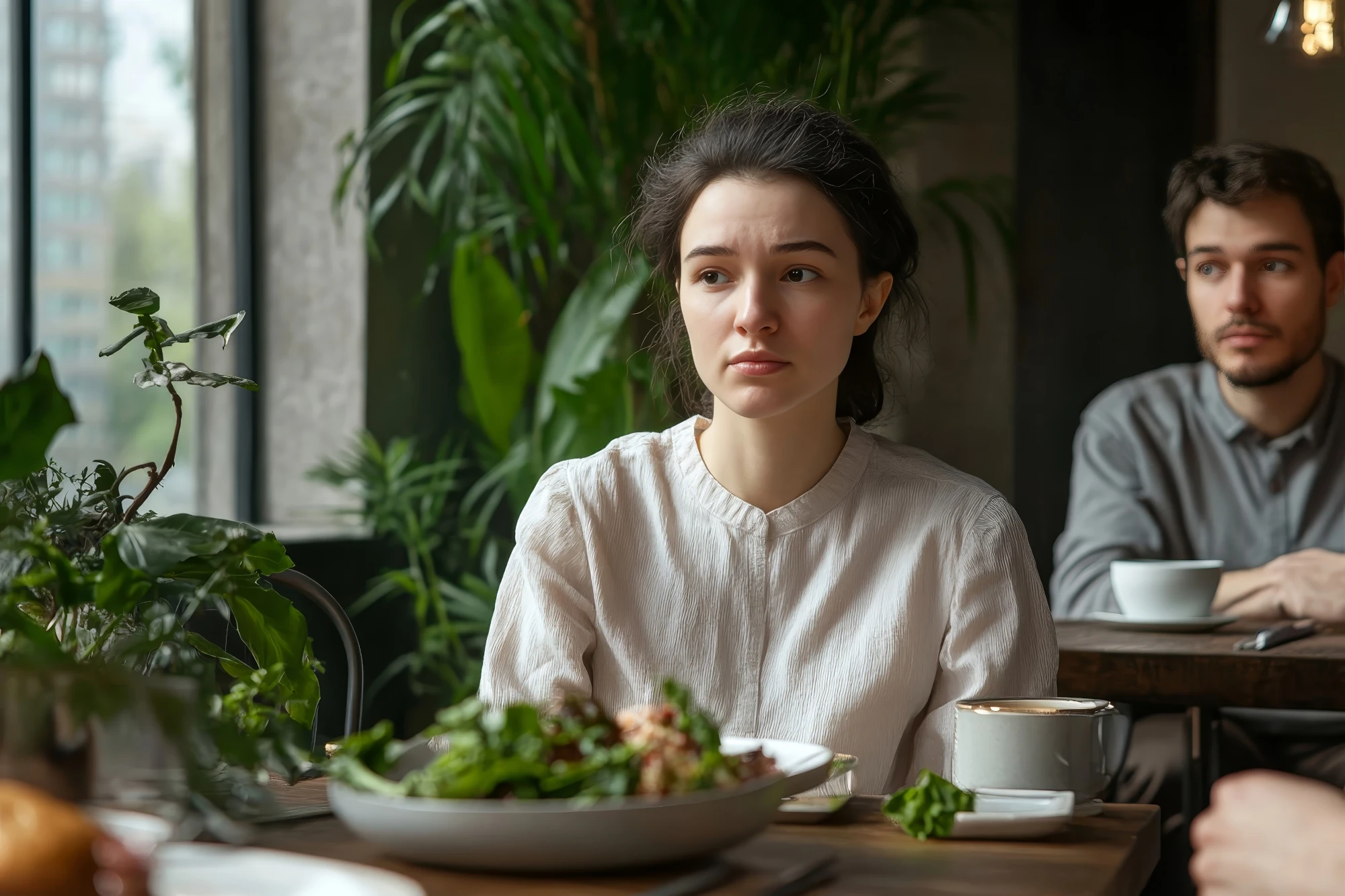 Woman sitting at a table with an untouched plate while others eat