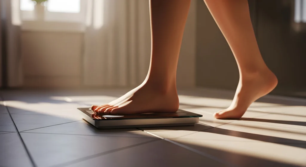 Close-up of a woman standing on a bathroom scale