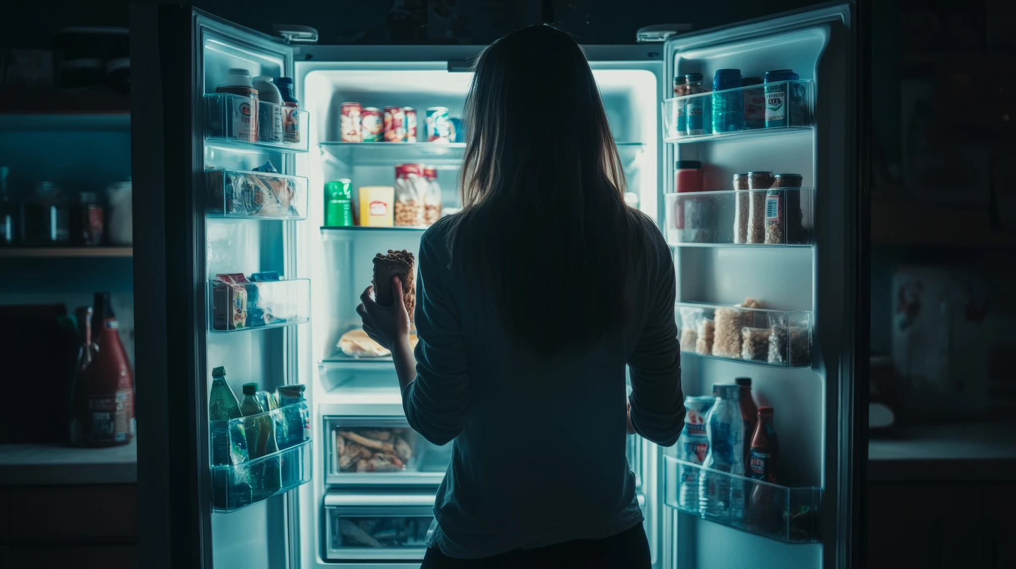 Woman standing in front of an open refrigerator at night