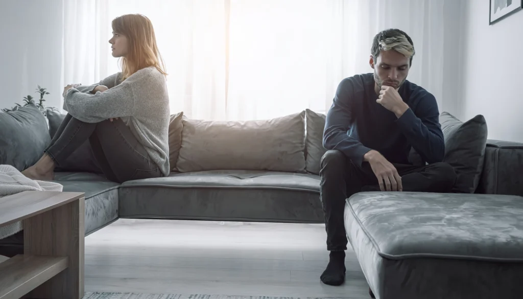 A woman and a man sitting at opposite ends of a couch, turned away from each other after a disagreement
