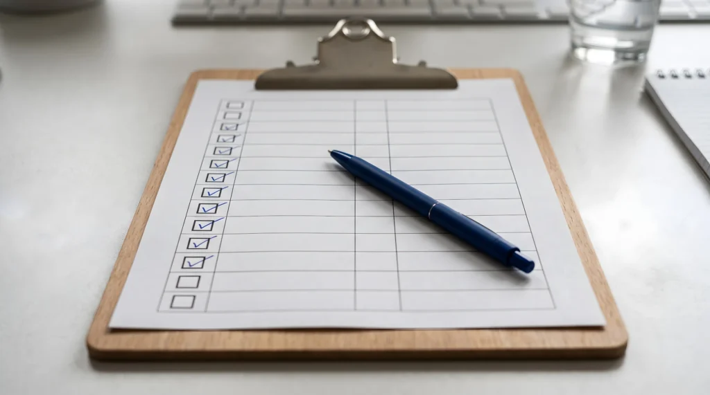 A clipboard with a blank form and a pen resting on a wooden desk