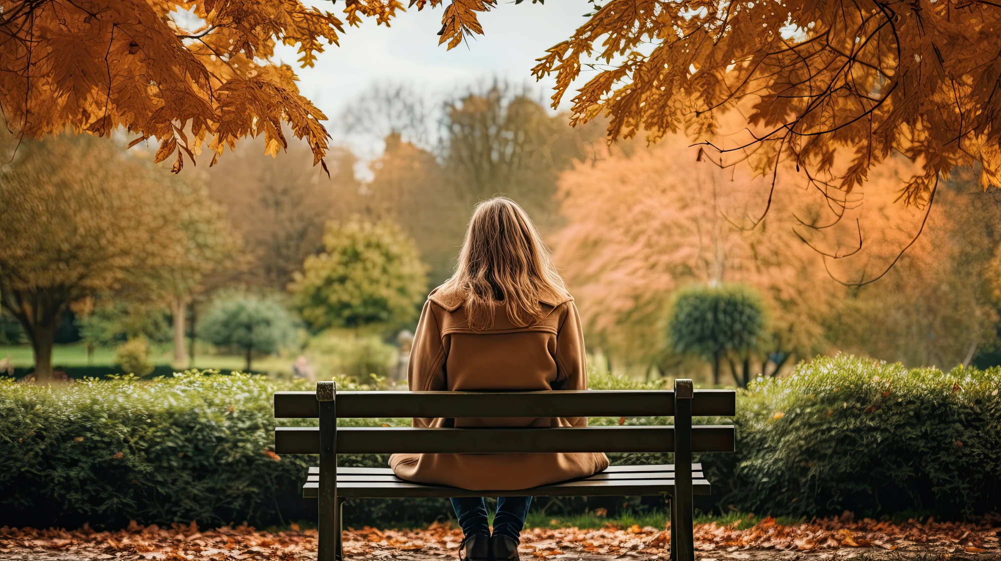 A woman sitting alone on a park bench surrounded by trees, looking ahead with a thoughtful expression
