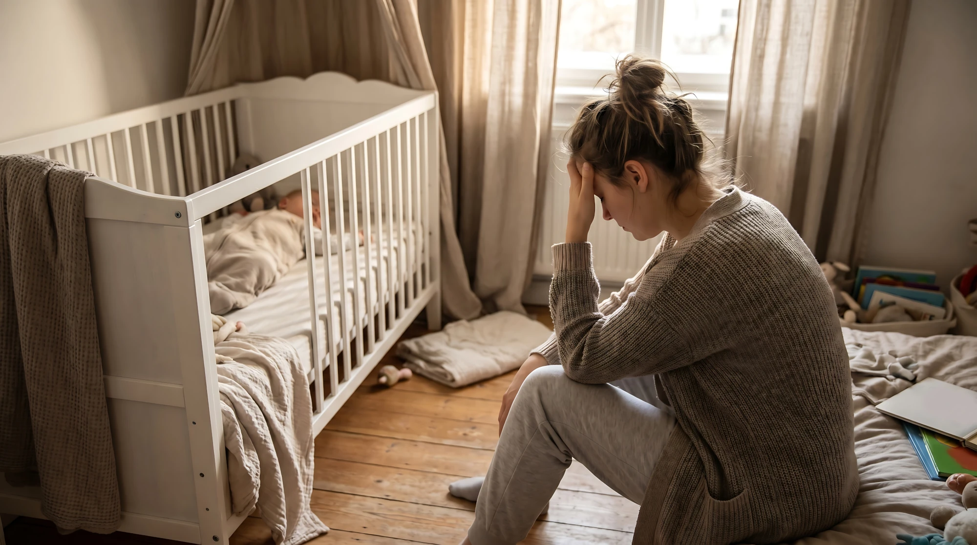 A new mother sitting at home with a worried expression, resting her hand on her forehead