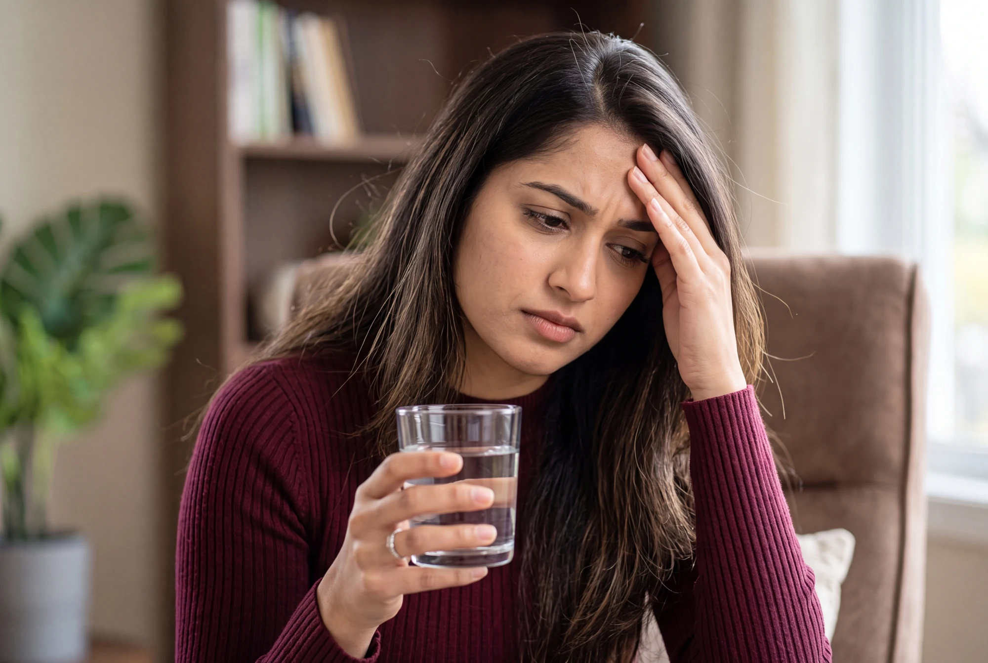 A woman sitting at home sipping from a glass of water with a tired expression