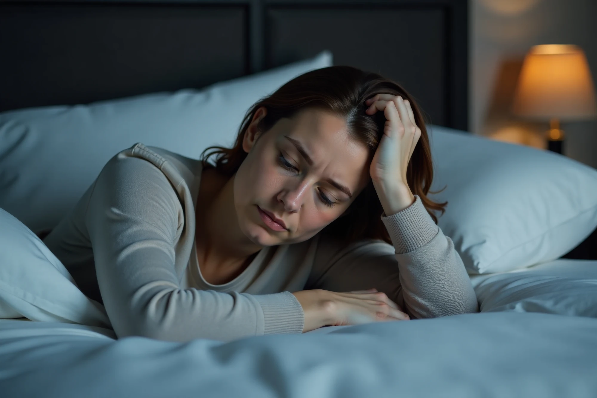 A tired woman lying in bed with her eyes half open and a hand resting on her forehead